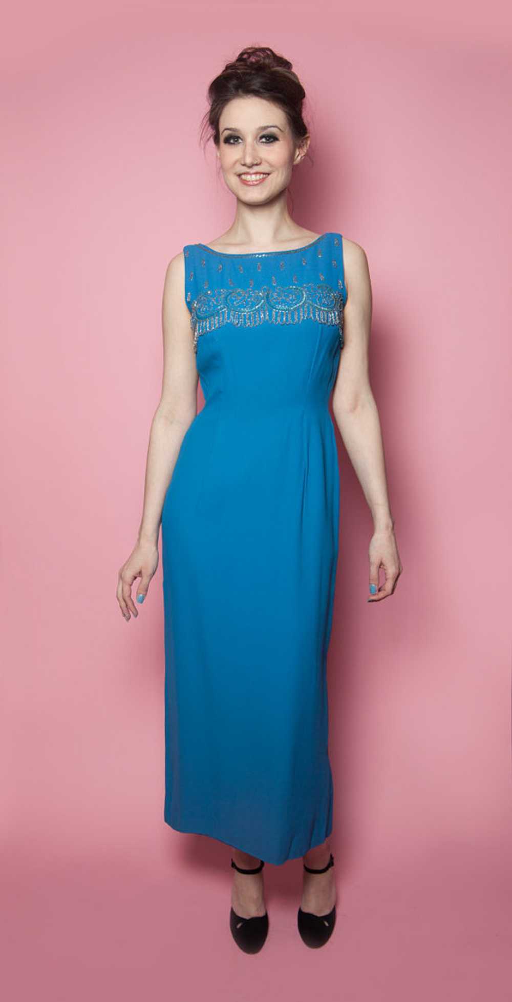 1960's Ocean Blue Gown with Beaded Fringe Collar - image 3