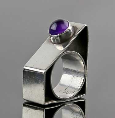 Modernist Sterling and Amethyst Architectural Rin… - image 1