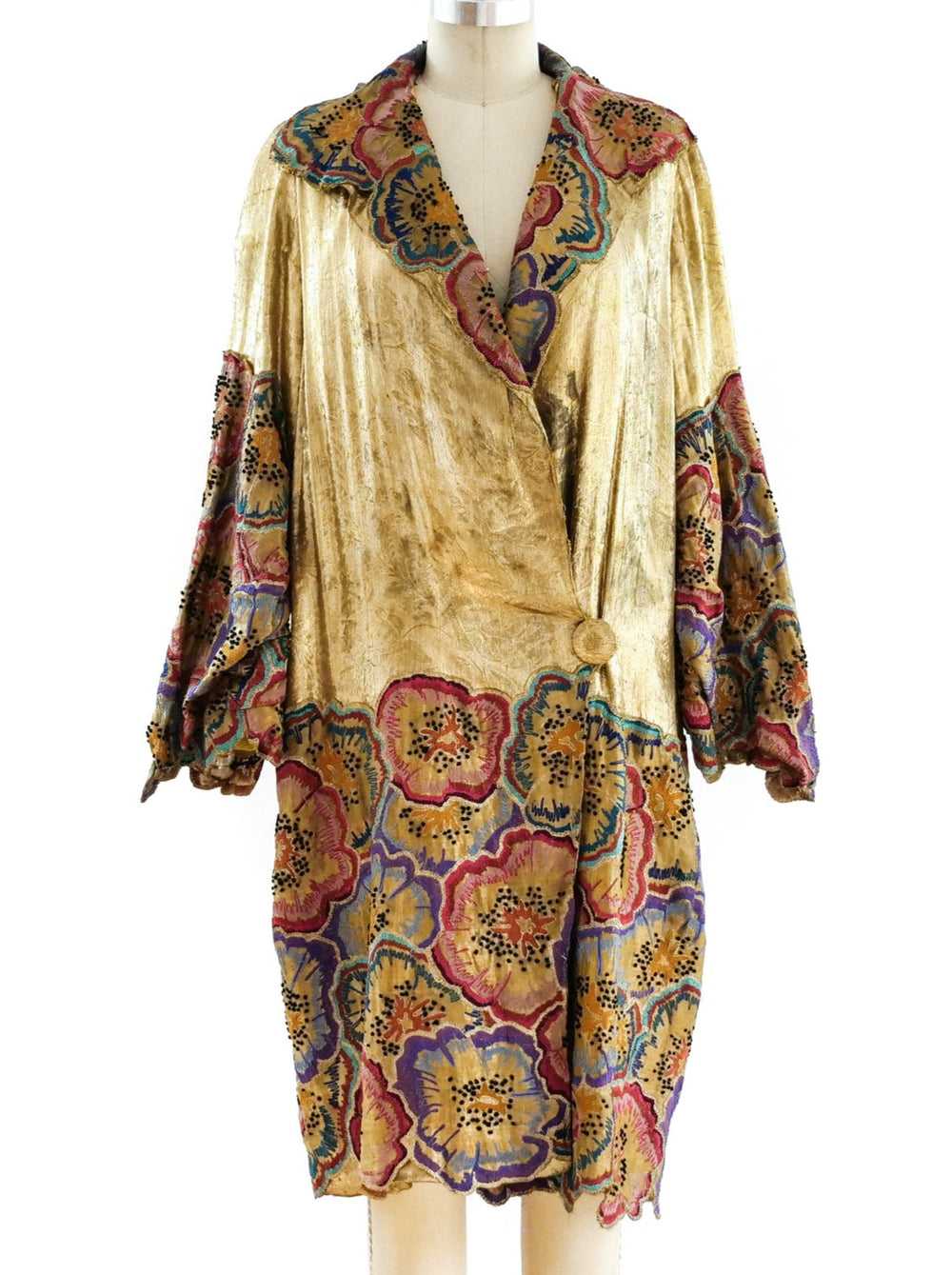 1920's Gold Lame Opera Coat with Floral Embroidery - image 1