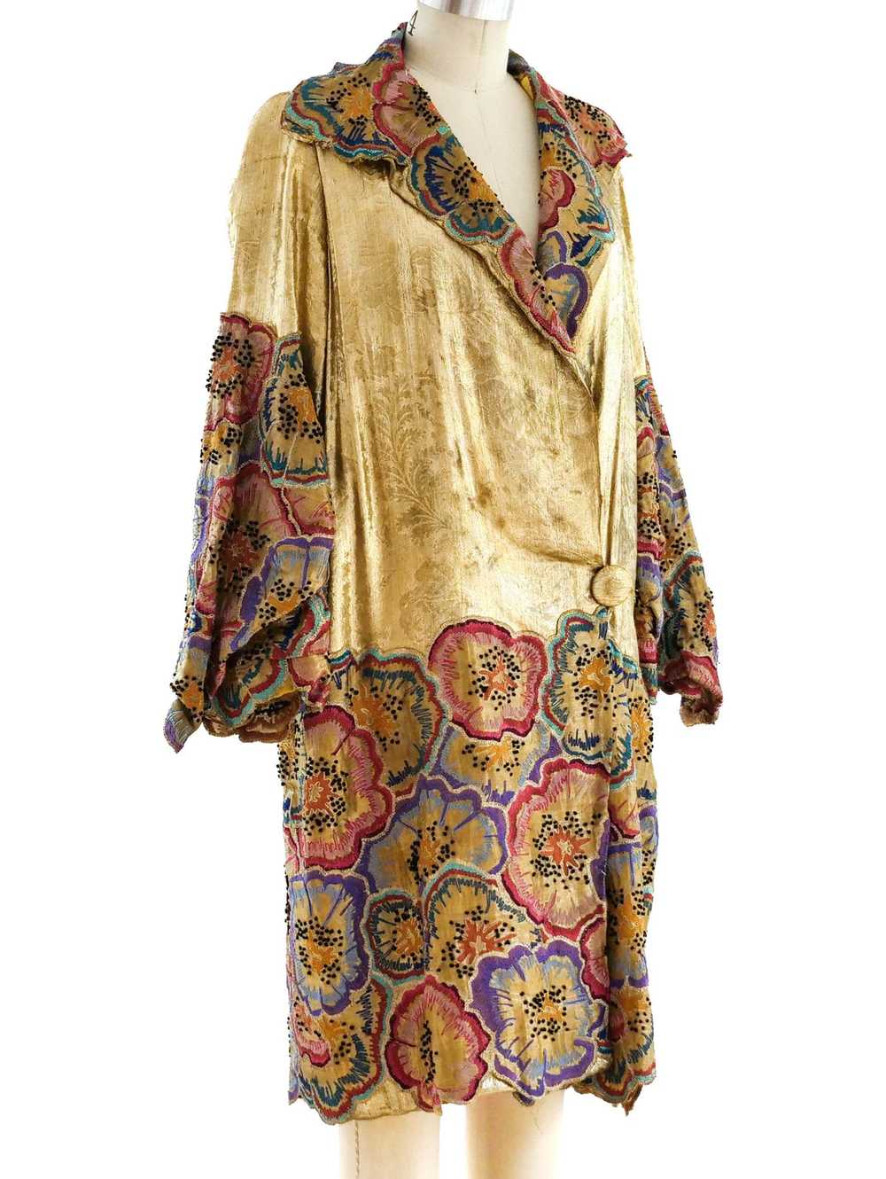 1920's Gold Lame Opera Coat with Floral Embroidery - image 2