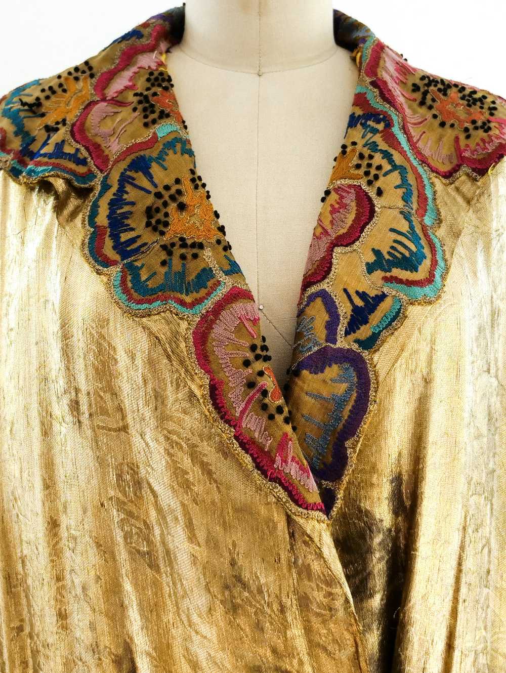 1920's Gold Lame Opera Coat with Floral Embroidery - image 4