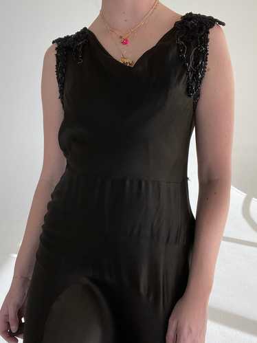 1920's Black Heavy Silk Party Dress with Black Bea