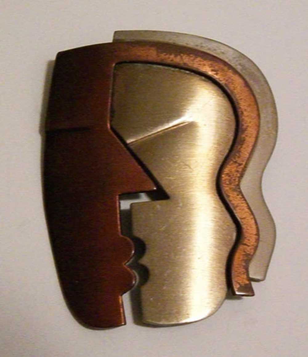 Rebajes Modernist Copper & Steel KISS Deco Brooch - image 1