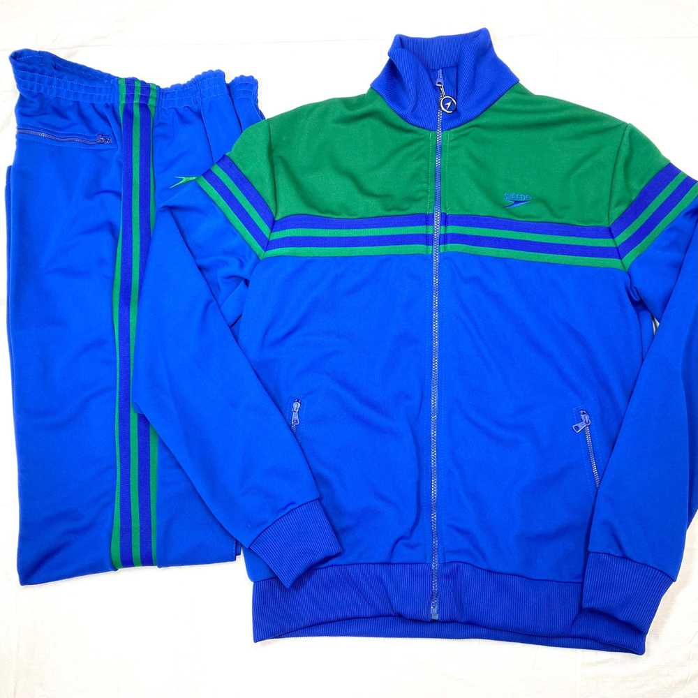 1980s Speedo track suit blue green striped size L… - image 1