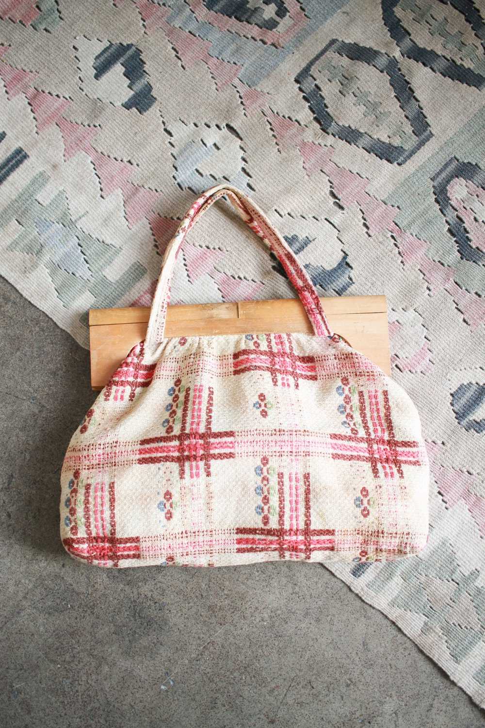 1950s Pink Geometric Woven CottonHandbag - image 1