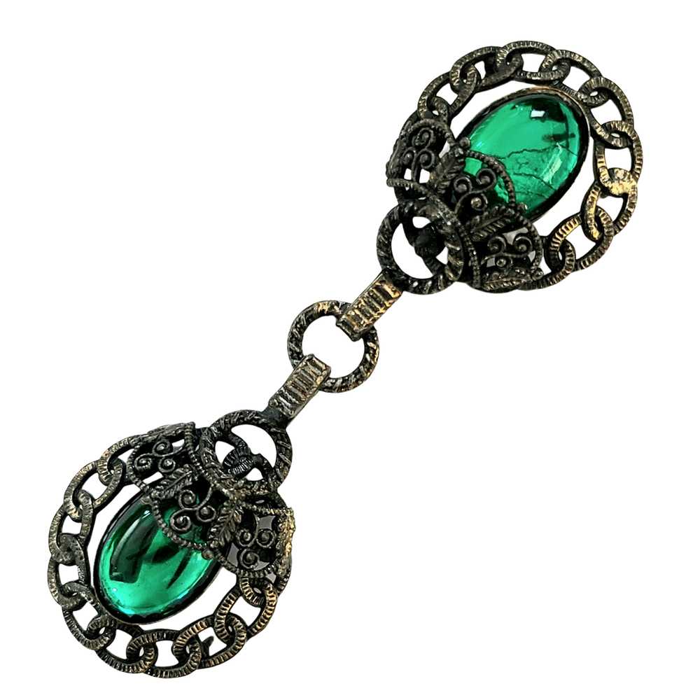 Antiqued Goldtone and Green Cabochon Coat / Cloak… - image 1