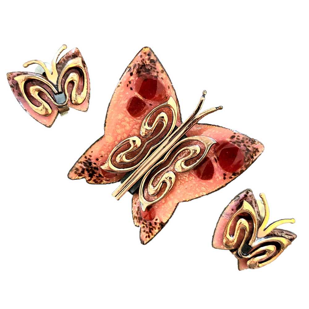 Matisse Enameled Copper Butterfly Brooch and Earr… - image 1