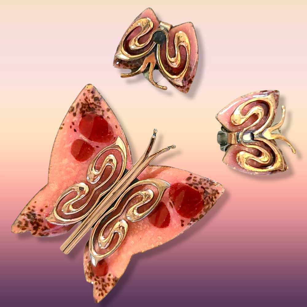 Matisse Enameled Copper Butterfly Brooch and Earr… - image 2