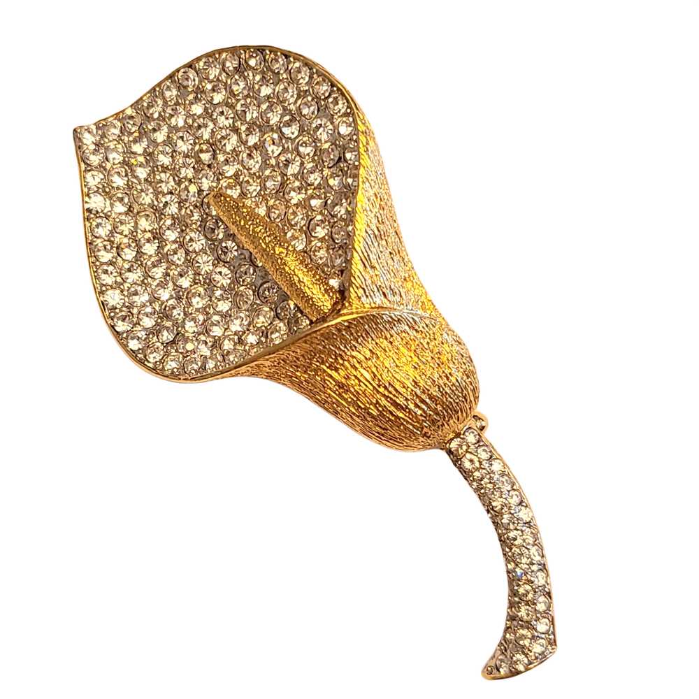 Nolan Miller Anthurium Brooch - Goldtone and Pavé… - image 1