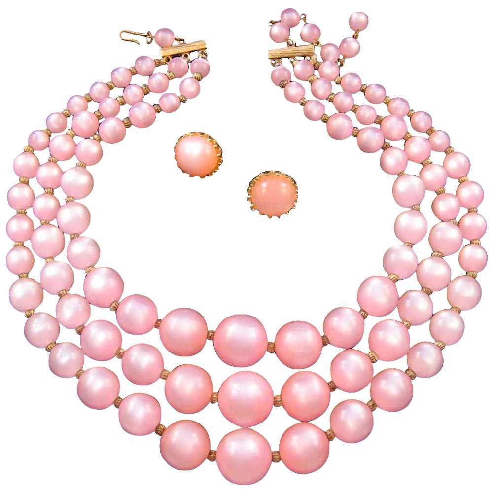 Pink Moonglow Lucite Triple-Strand Necklace with … - image 1