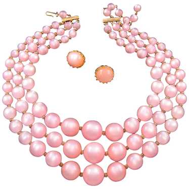 Pink Moonglow Lucite Triple-Strand Necklace with … - image 1