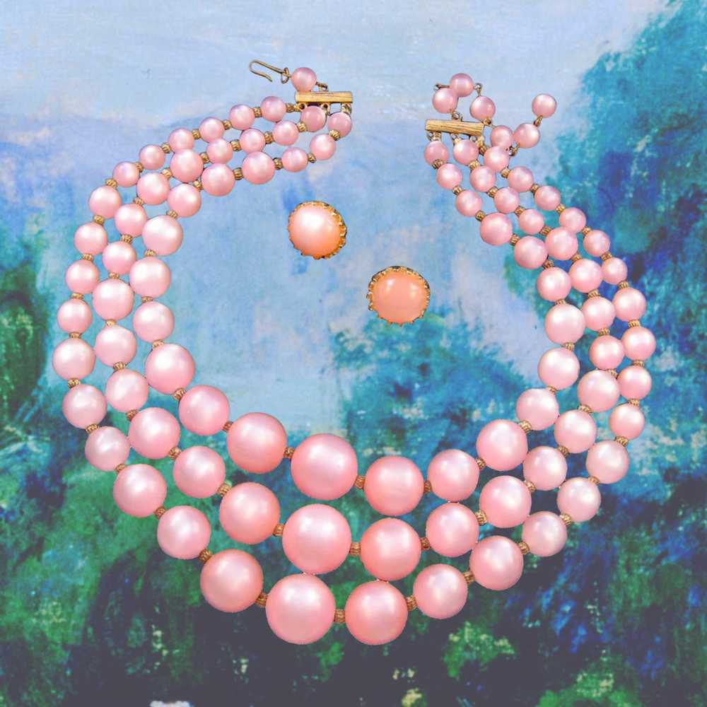 Pink Moonglow Lucite Triple-Strand Necklace with … - image 2