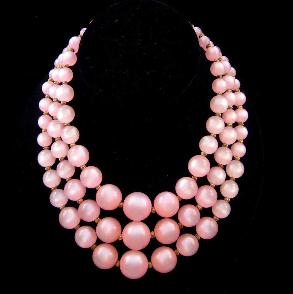 Pink Moonglow Lucite Triple-Strand Necklace with … - image 3