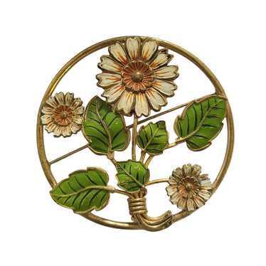 Vintage Enameled Daisies Large Circle Pin - image 1