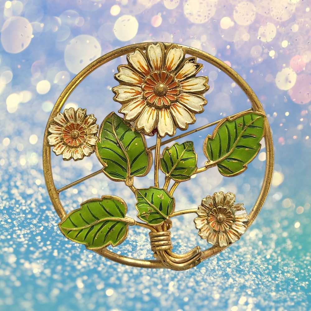 Vintage Enameled Daisies Large Circle Pin - image 2