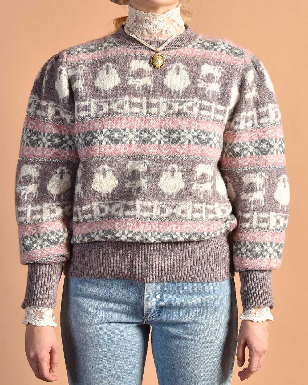 Dorian 1980s Sparkly Wool Sheep Sweater - image 1