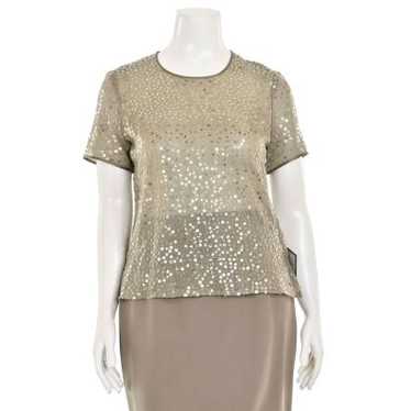 Escada Taupe Sequin Silk Blend Short Sleeve Blouse - image 1