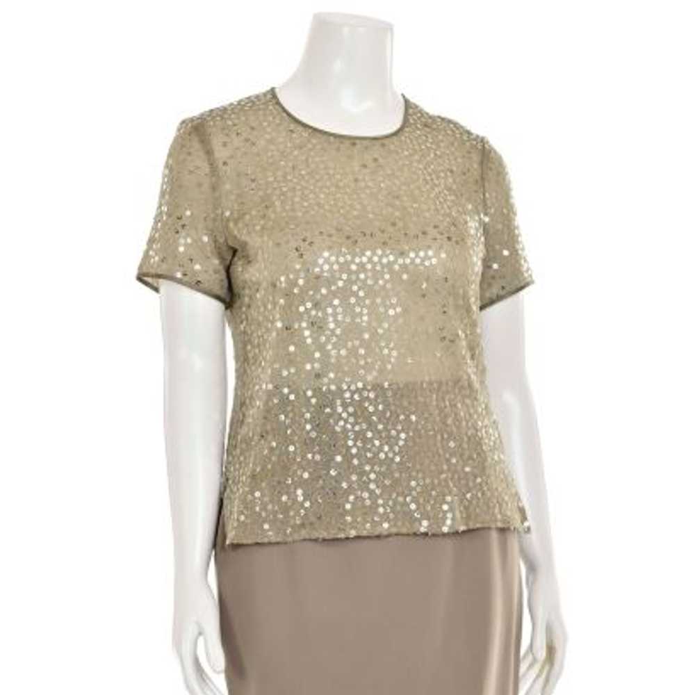 Escada Taupe Sequin Silk Blend Short Sleeve Blouse - image 3