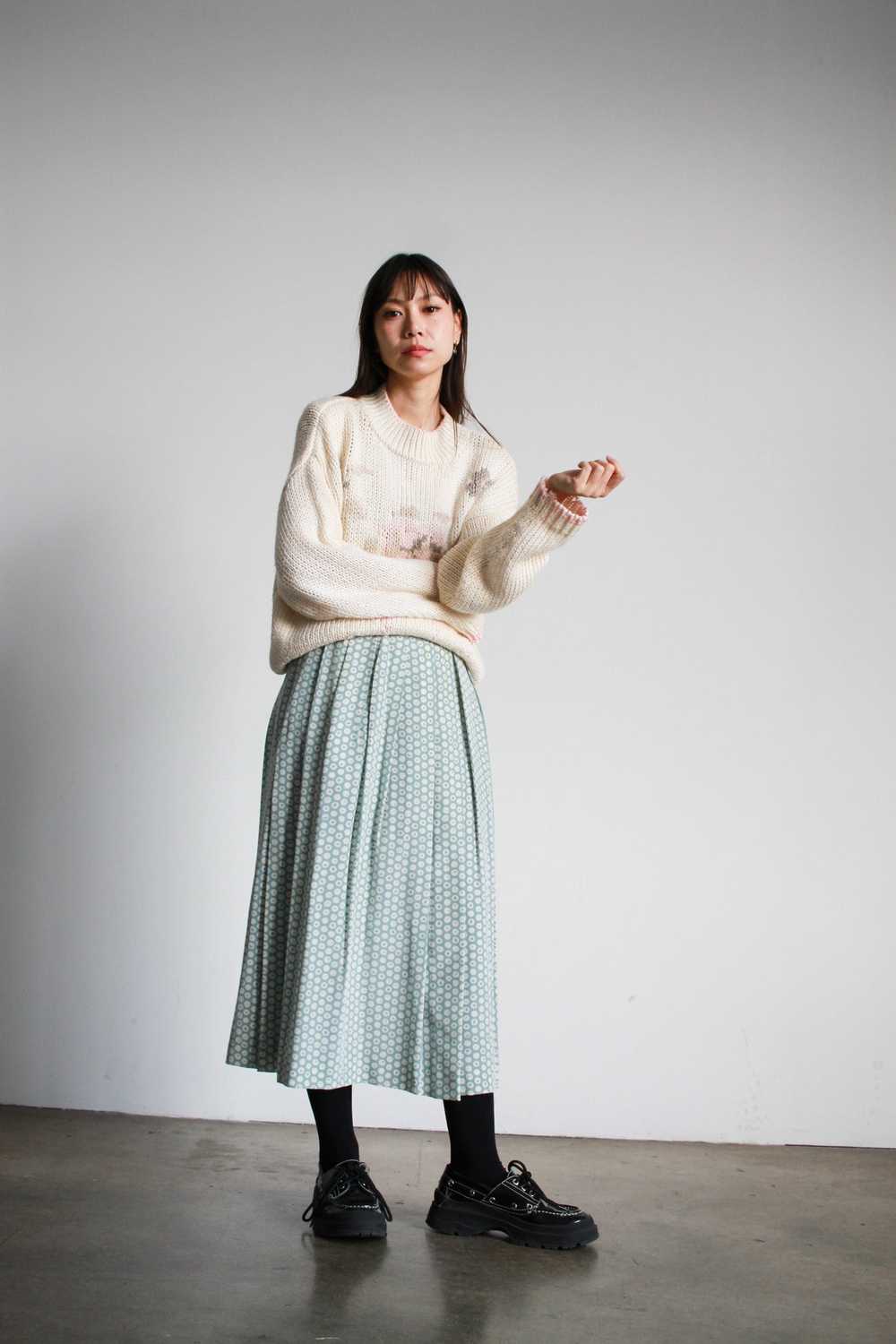 1980s Mint Spotted Print Rayon Midi Skirt - image 3