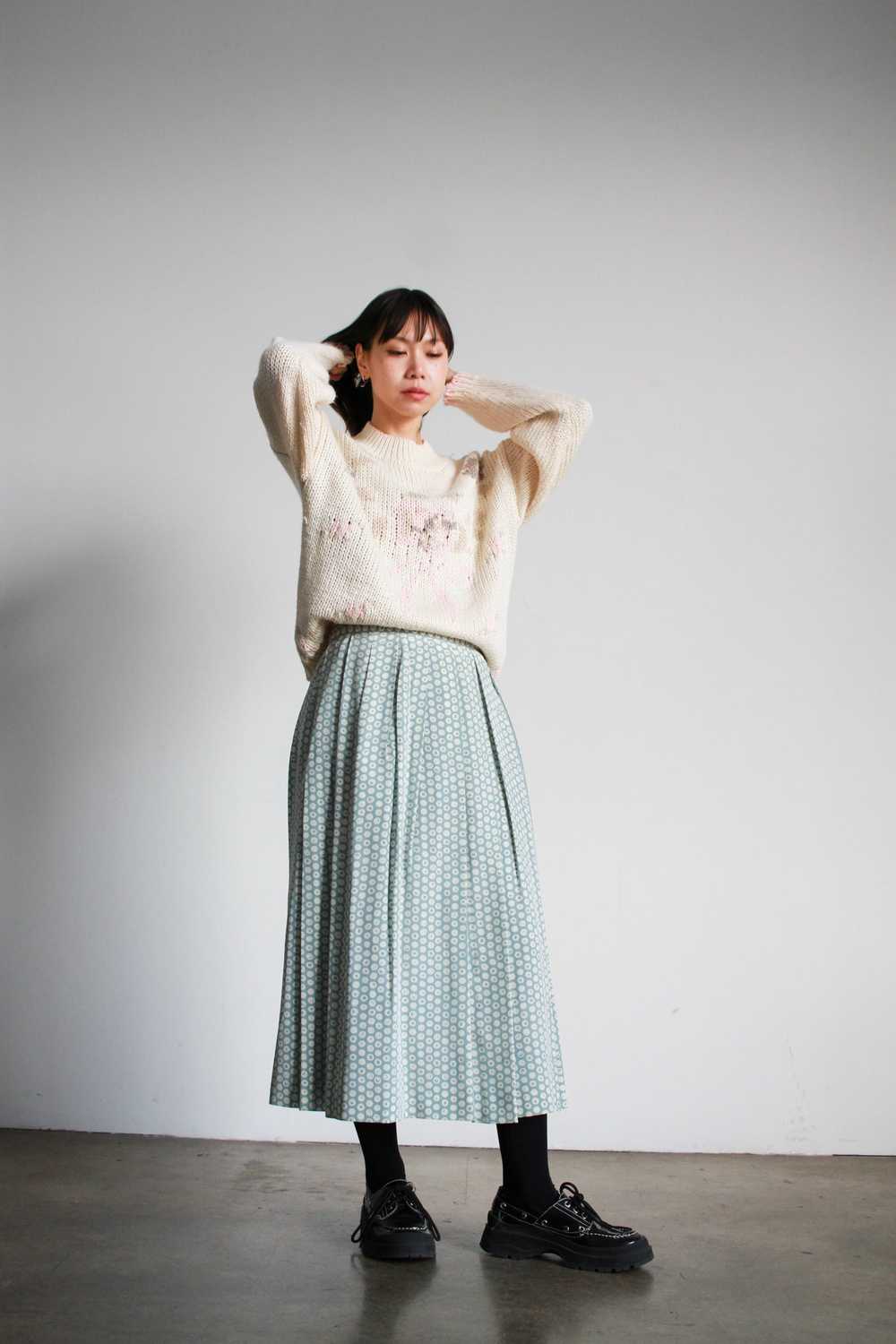 1980s Mint Spotted Print Rayon Midi Skirt - image 5