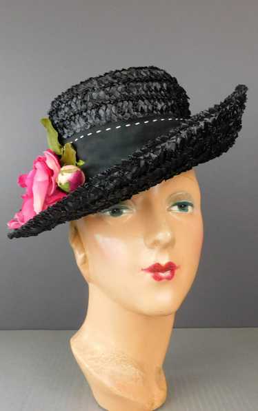 Vintage Black Straw Wide Brim Hat with Pink Rose,… - image 1