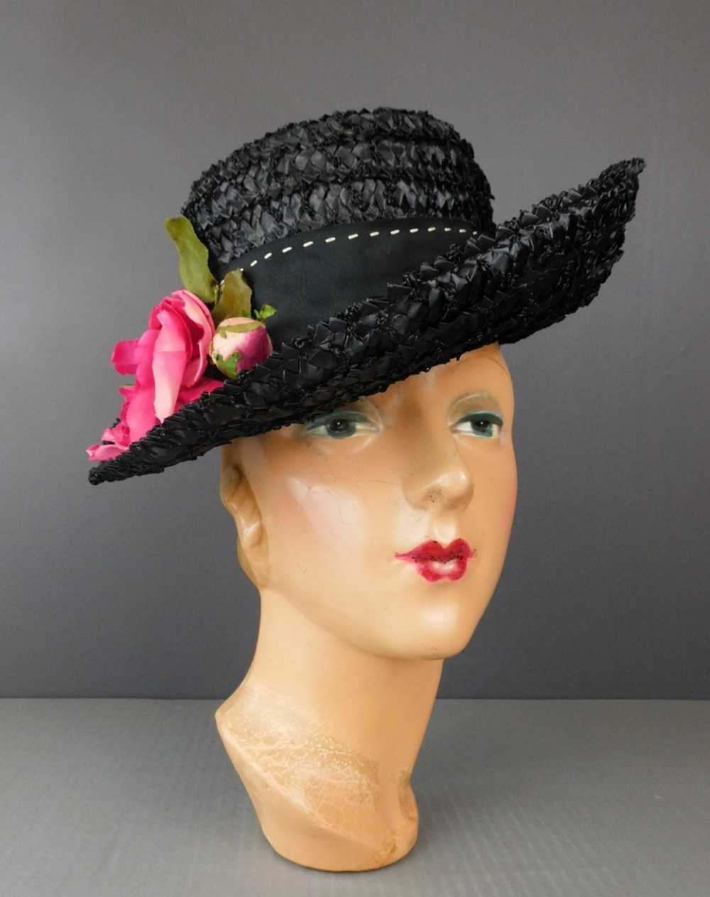 Vintage Black Straw Wide Brim Hat with Pink Rose,… - image 2