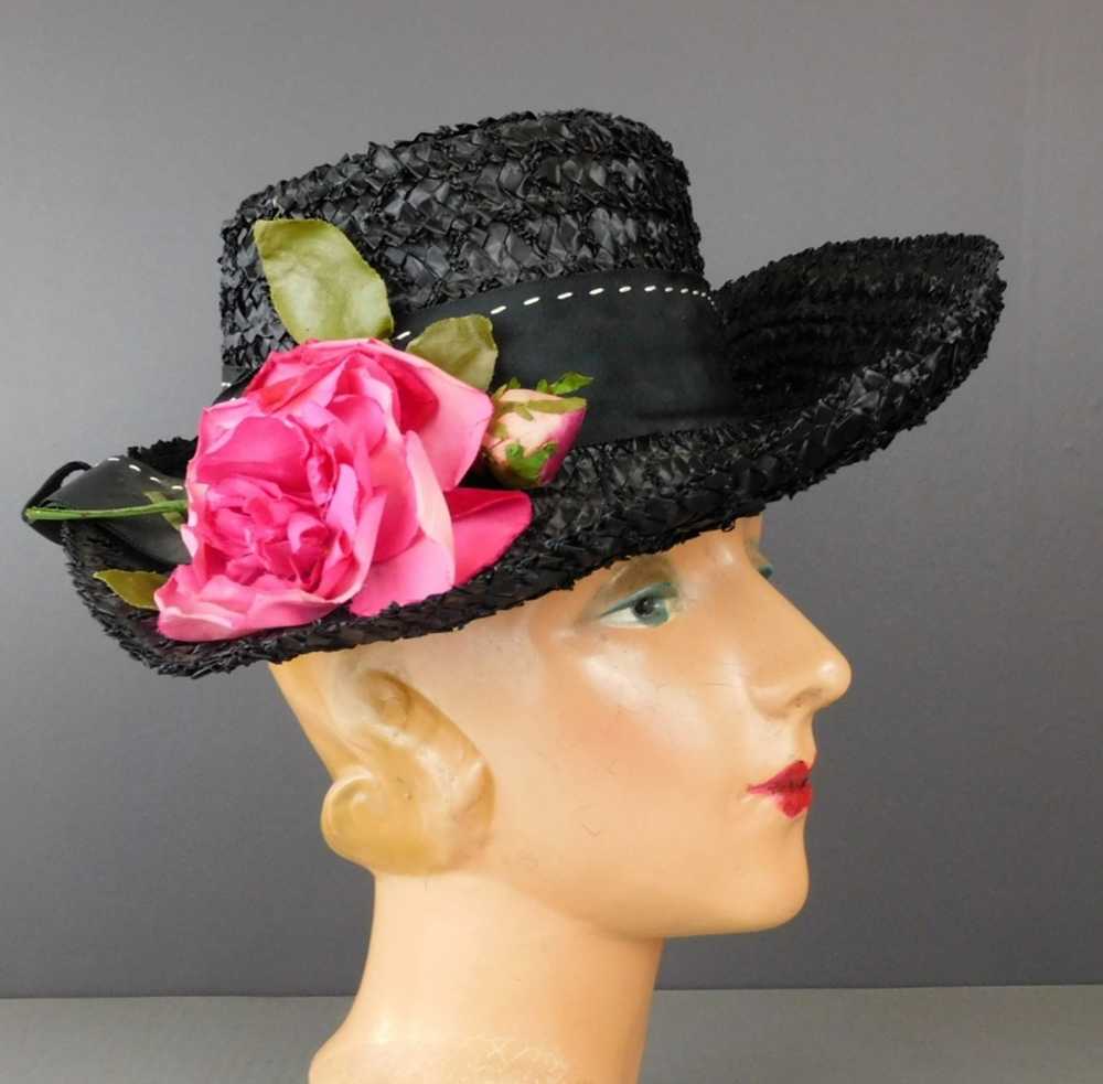 Vintage Black Straw Wide Brim Hat with Pink Rose,… - image 3