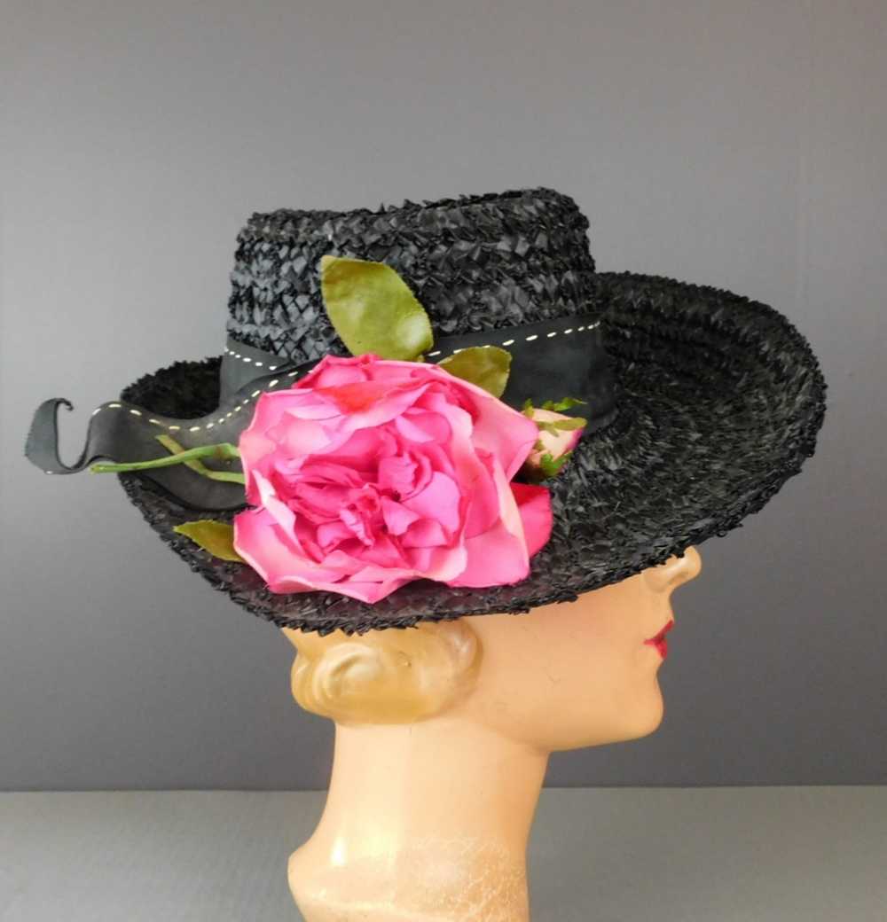 Vintage Black Straw Wide Brim Hat with Pink Rose,… - image 4