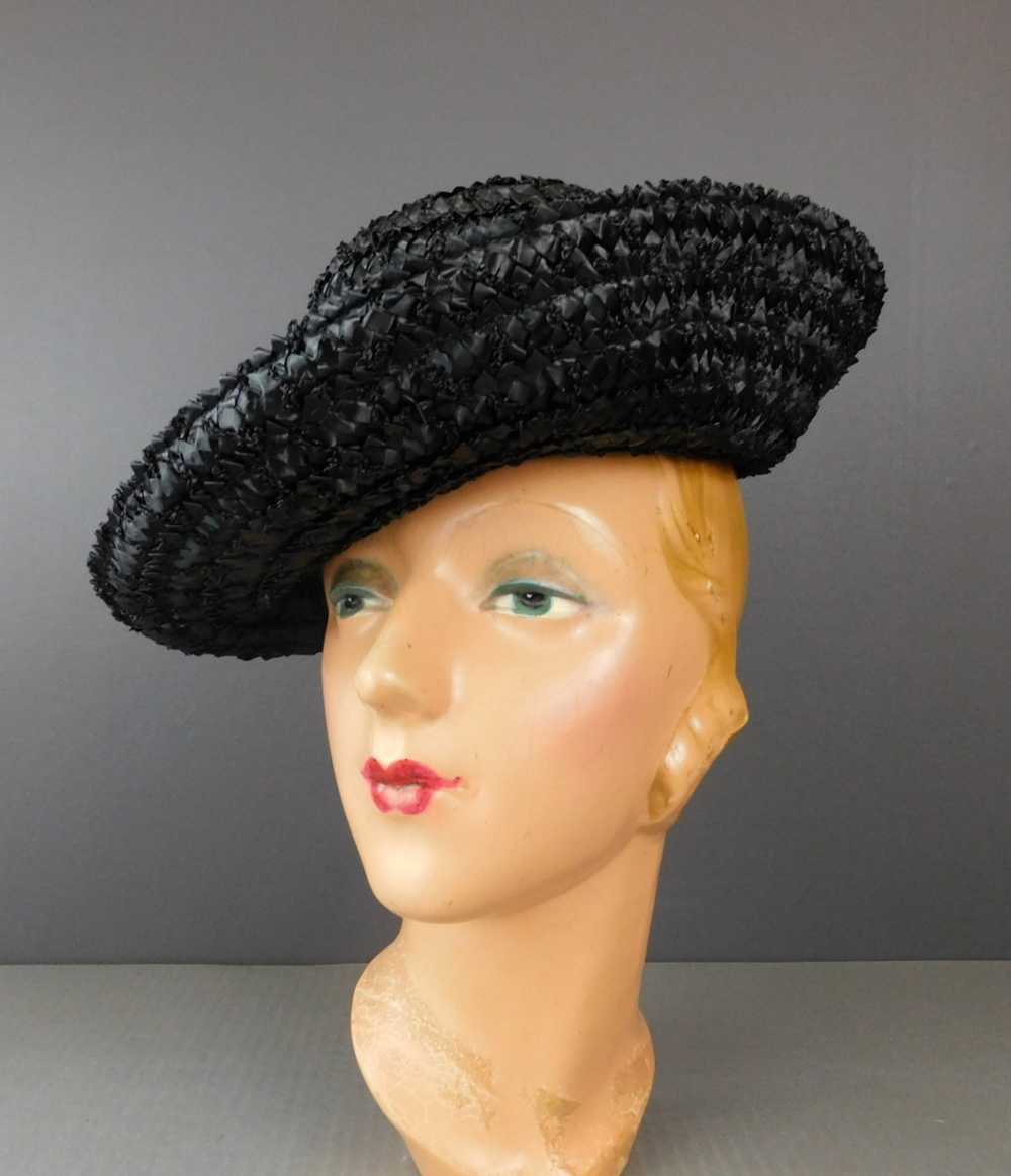 Vintage Black Straw Wide Brim Hat with Pink Rose,… - image 5