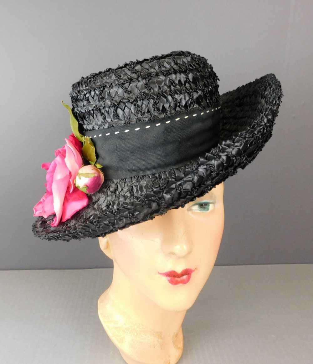 Vintage Black Straw Wide Brim Hat with Pink Rose,… - image 6