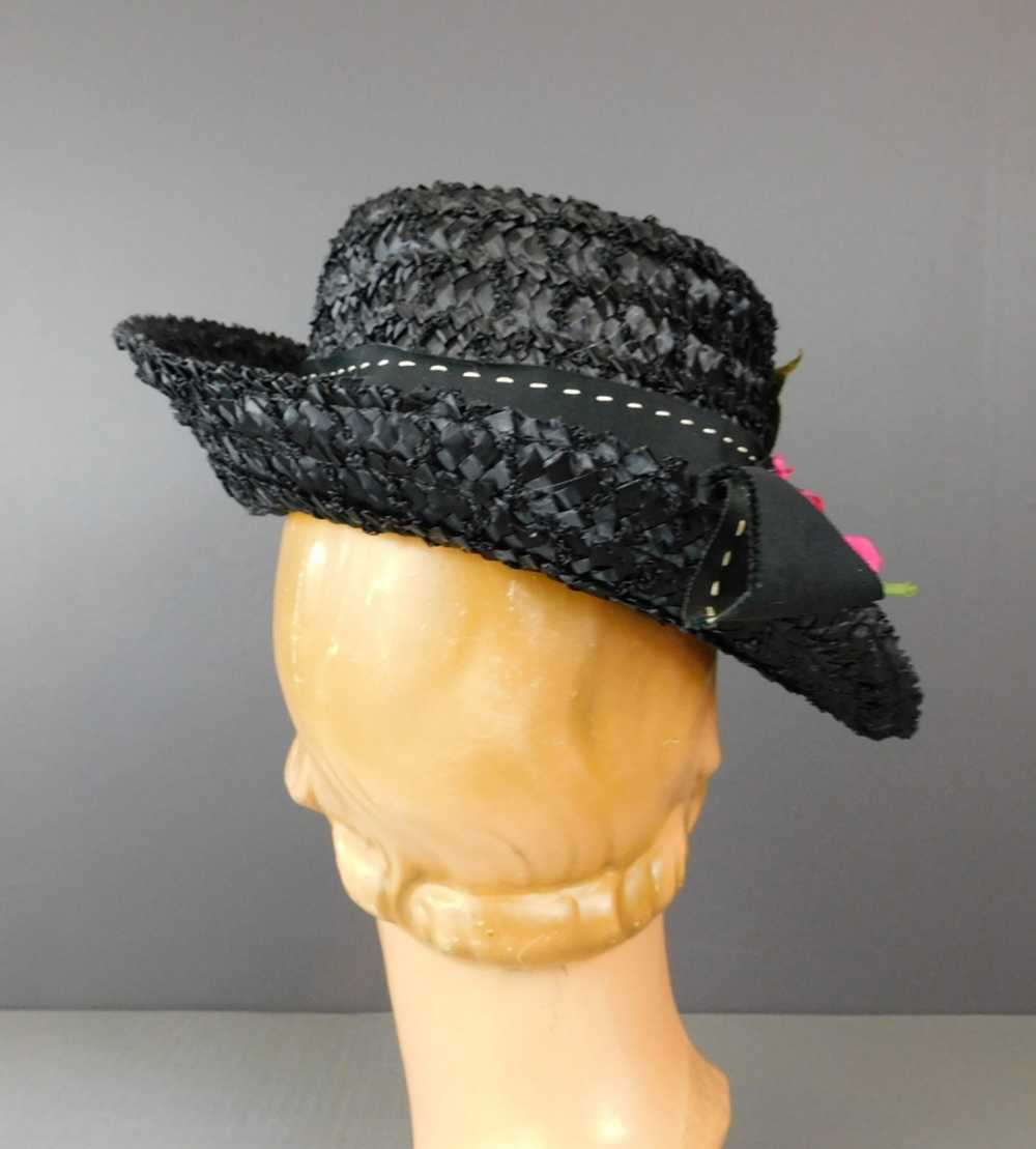 Vintage Black Straw Wide Brim Hat with Pink Rose,… - image 7