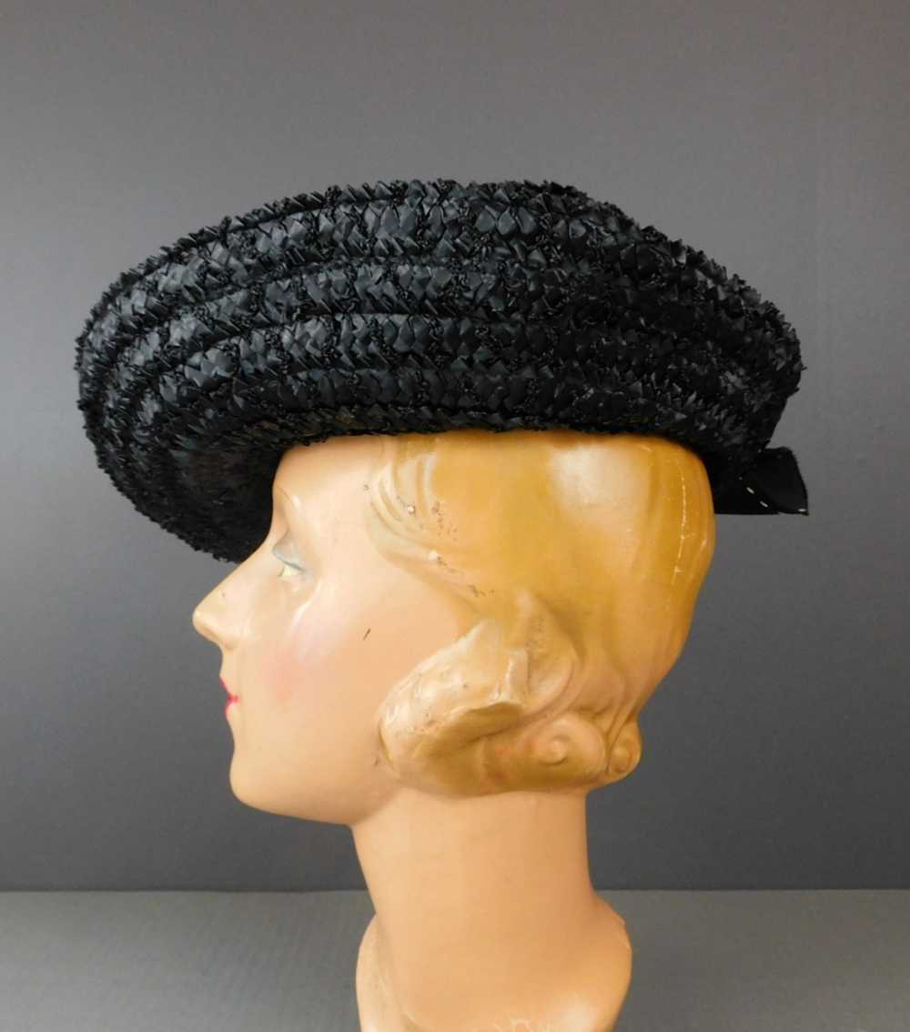 Vintage Black Straw Wide Brim Hat with Pink Rose,… - image 8