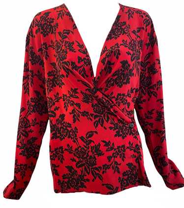 Christian Dior 80s Red and Black Silk Floral Wrap… - image 1
