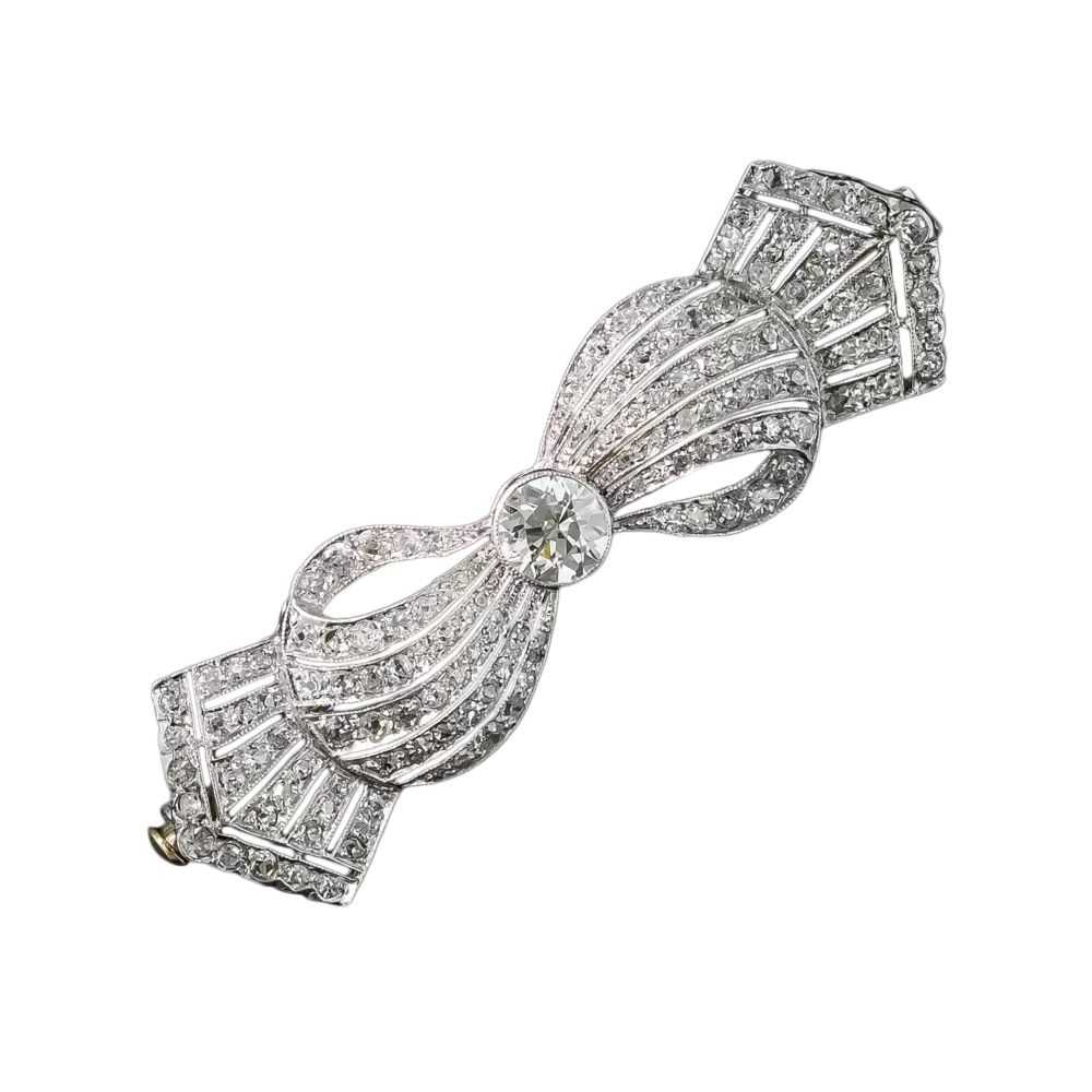 Edwardian/Art Deco Platinum Diamond Bow Brooch - image 4