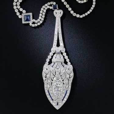 Art Deco Platinum Diamond and Sapphire Lavaliere … - image 1