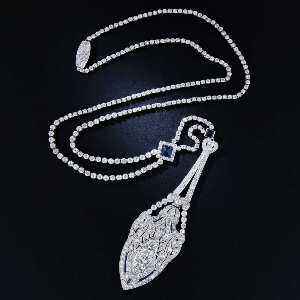 Art Deco Platinum Diamond and Sapphire Lavaliere … - image 2