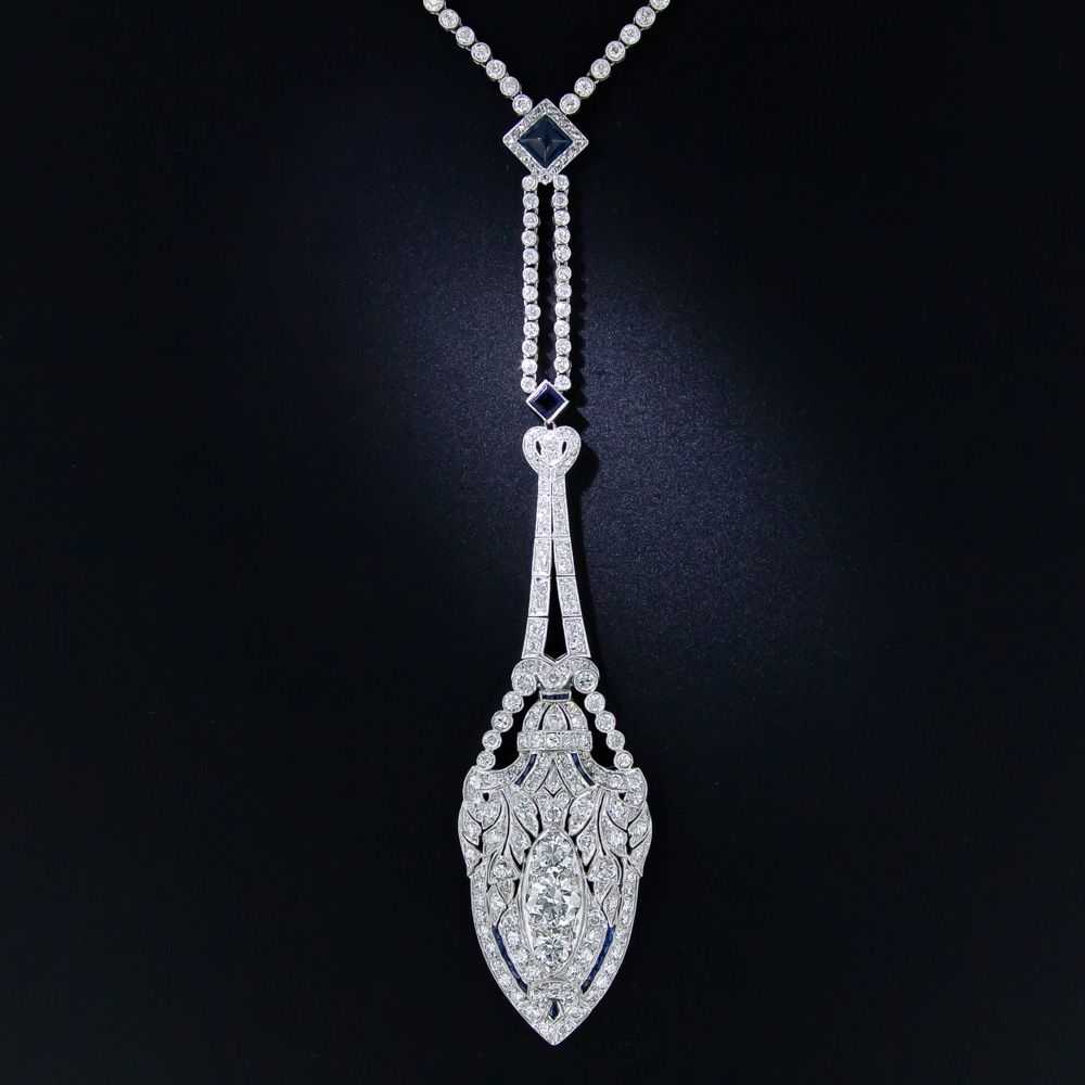 Art Deco Platinum Diamond and Sapphire Lavaliere … - image 3
