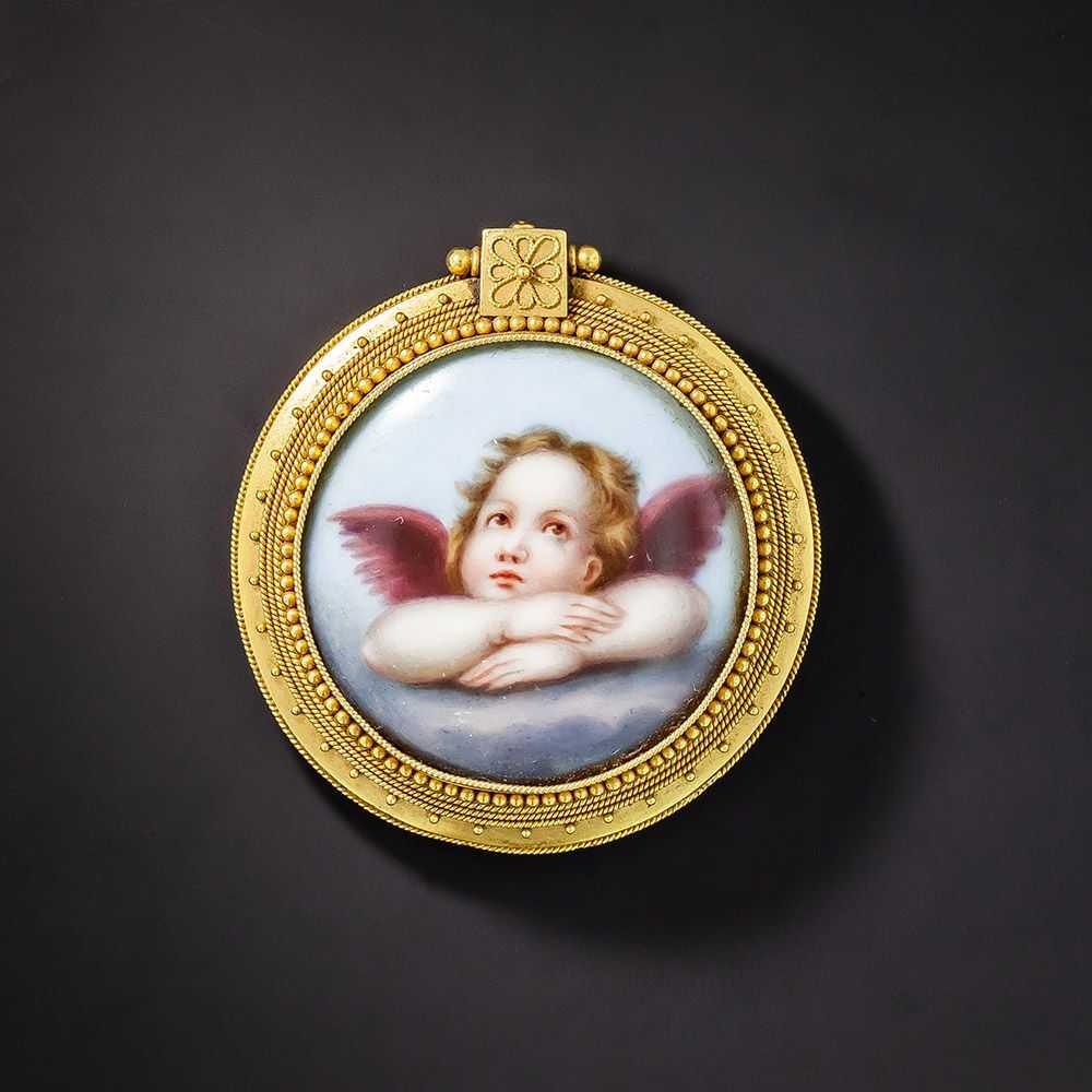 Victorian Angel Enameled Locket Brooch - image 1