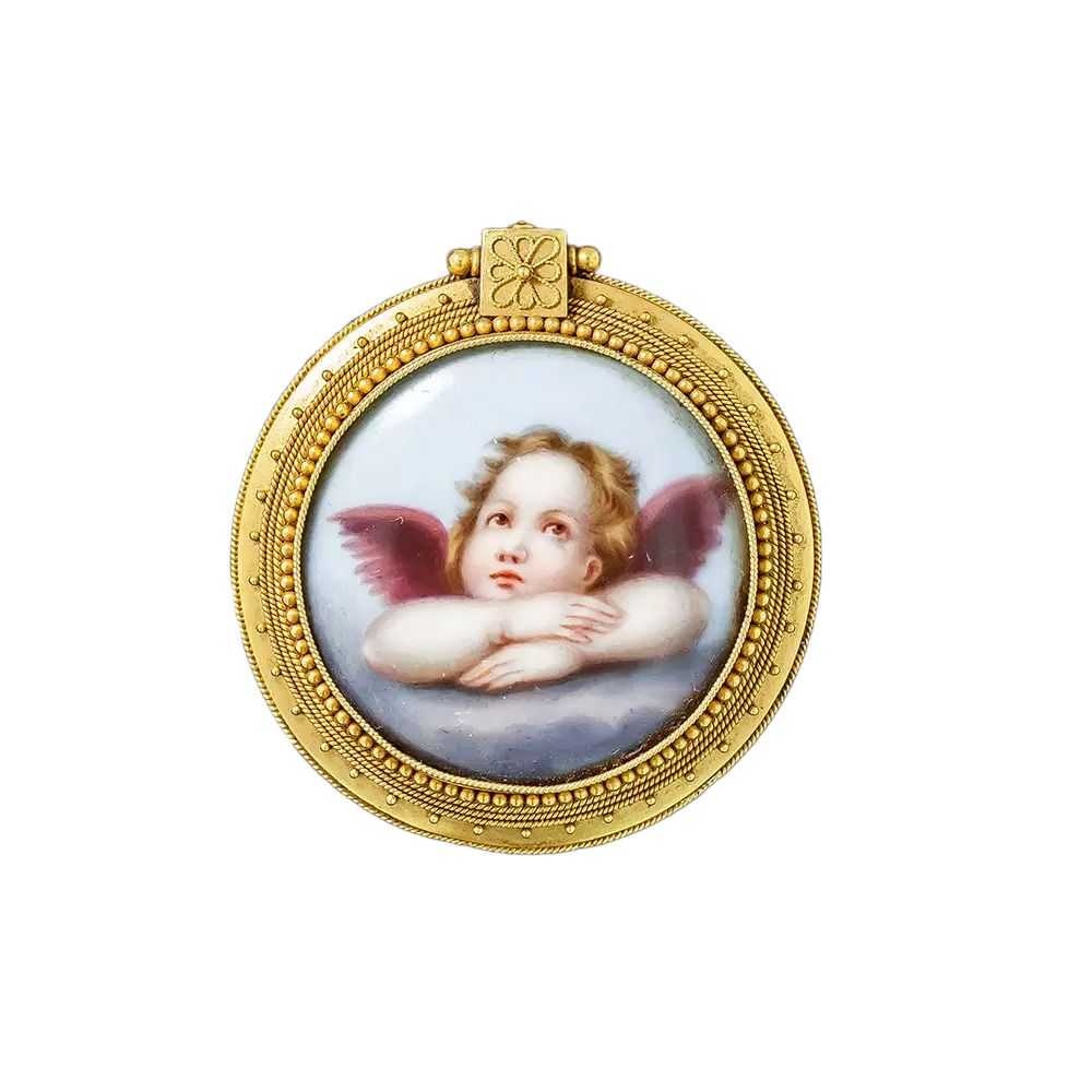 Victorian Angel Enameled Locket Brooch - image 4