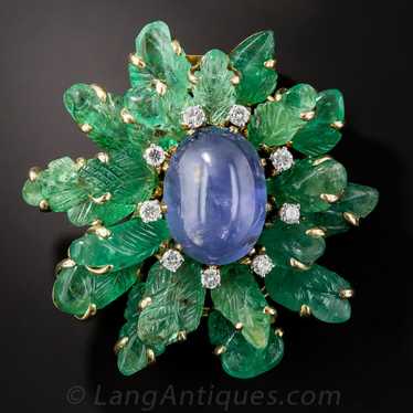 Star Sapphire and Carved Emerald Brooch - image 1