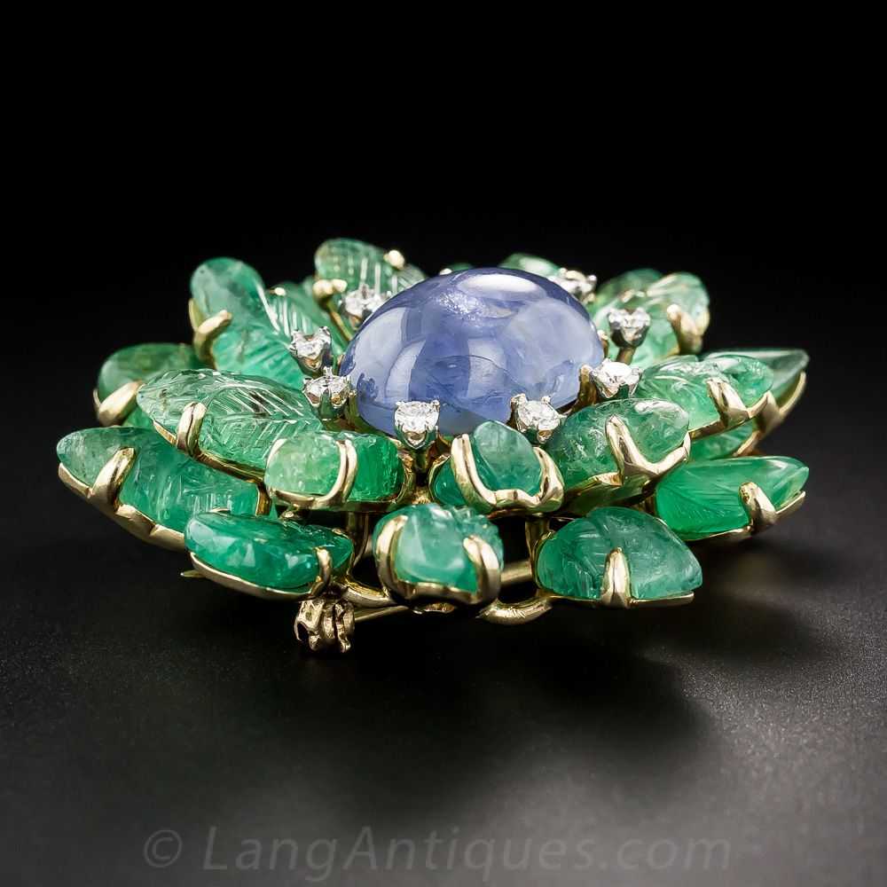 Star Sapphire and Carved Emerald Brooch - image 2