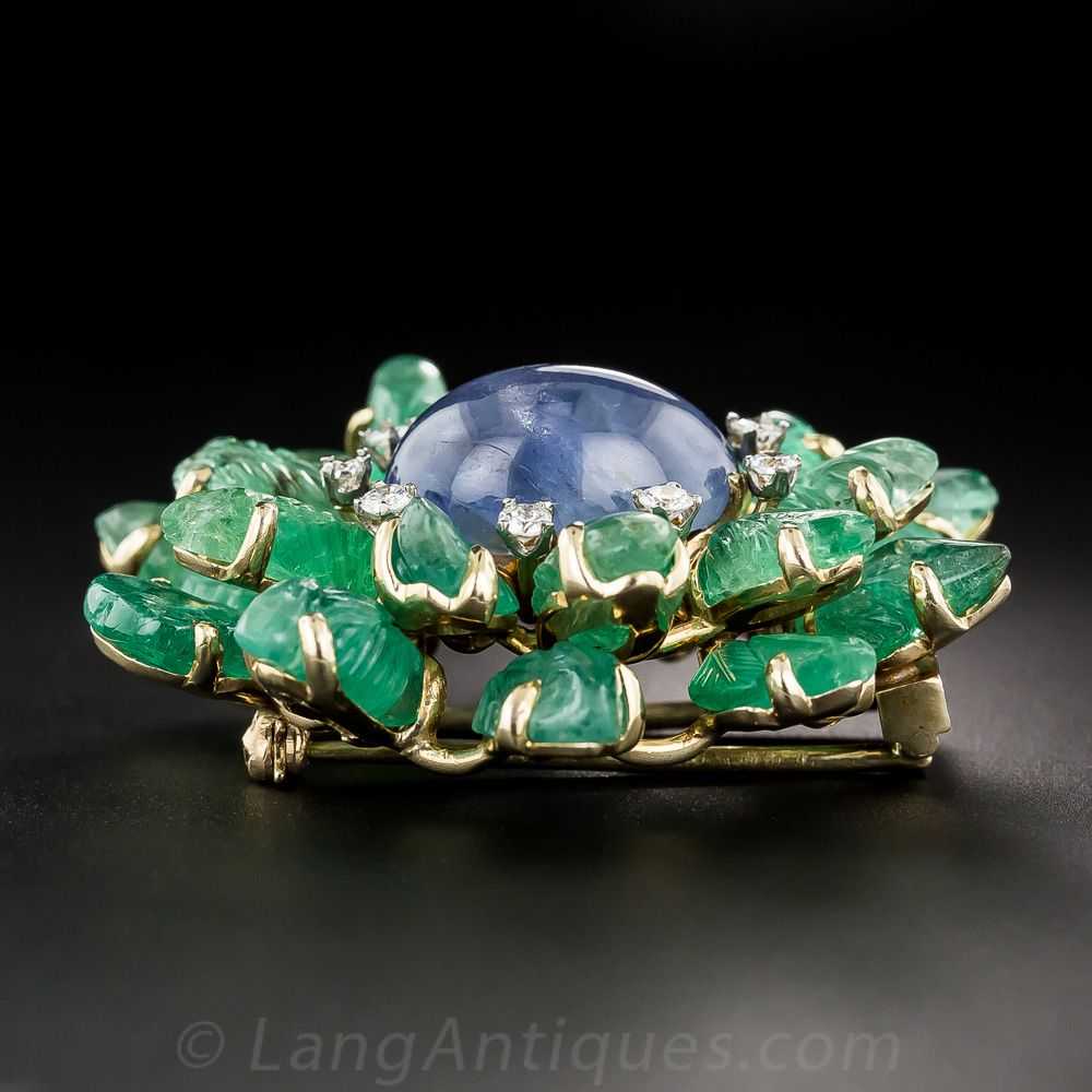 Star Sapphire and Carved Emerald Brooch - image 3