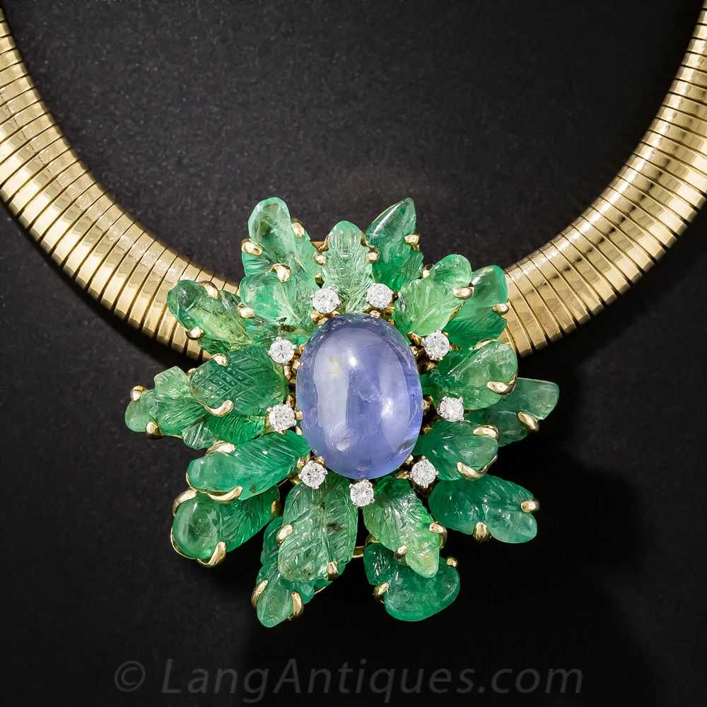 Star Sapphire and Carved Emerald Brooch - image 6