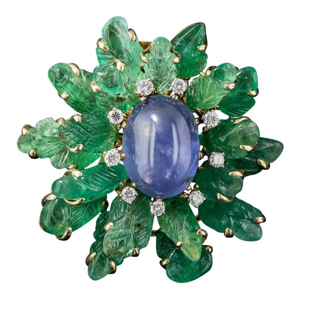Star Sapphire and Carved Emerald Brooch - image 7