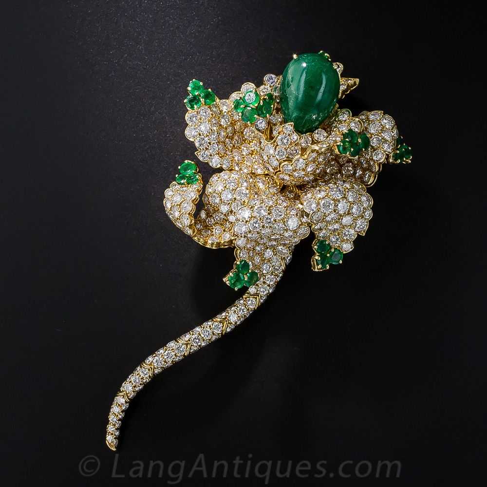 Magnificent Emerald and Diamond Flower Brooch - image 2