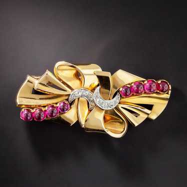 Retro Ruby and Diamond Double-Clip Brooch - image 1
