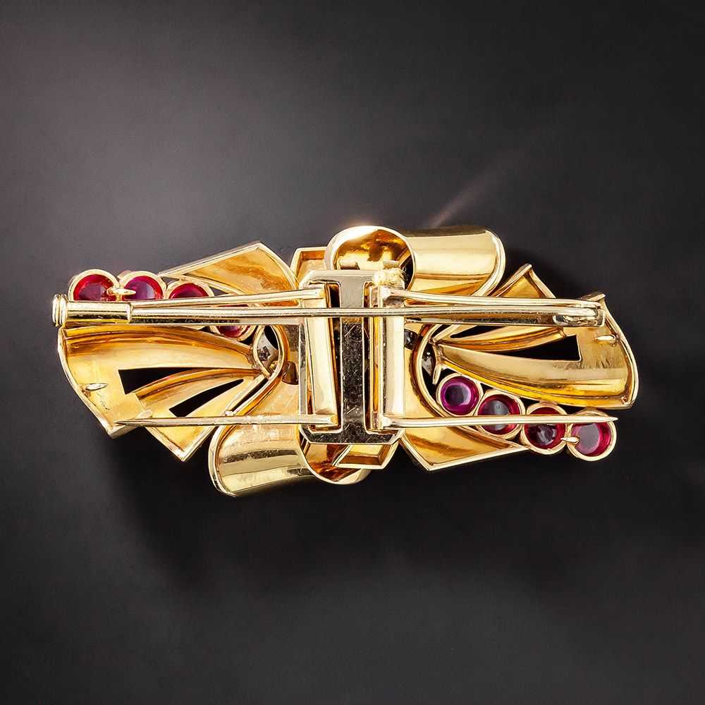 Retro Ruby and Diamond Double-Clip Brooch - image 2