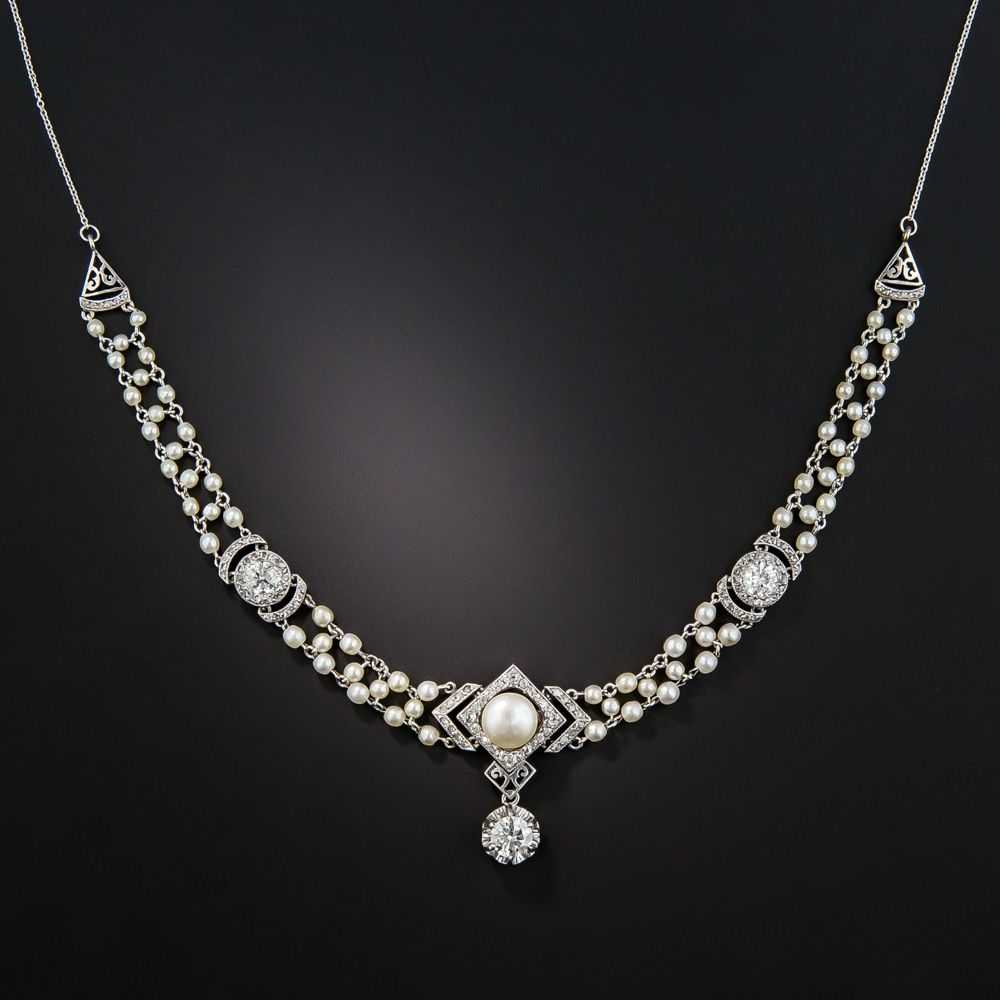 Belle Epoque Diamond and Natural Pearl Necklace - image 2