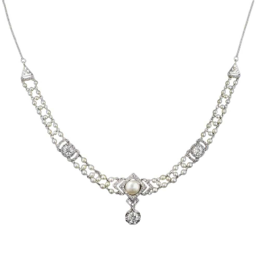 Belle Epoque Diamond and Natural Pearl Necklace - image 5