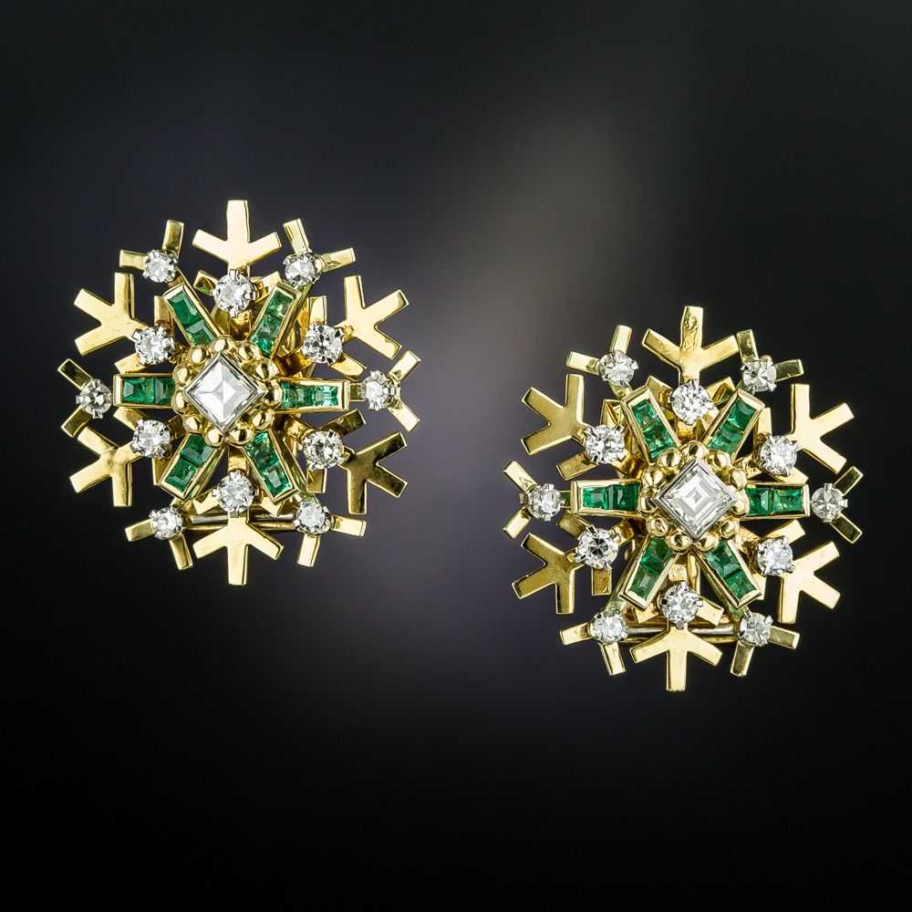 Vintage Snowflake Emerald and Diamond Earrings - image 1